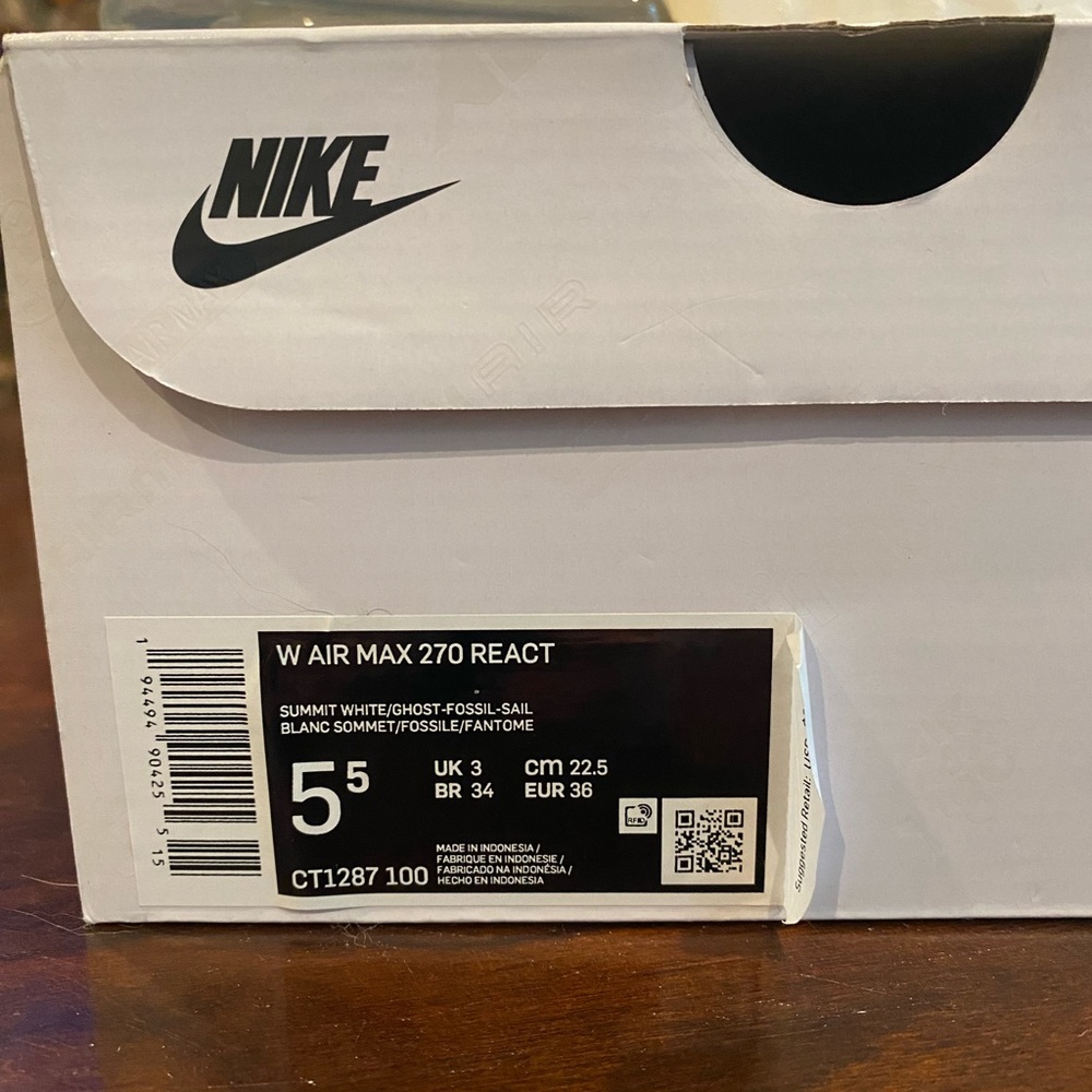 Air Max 270 React. Color white/ghost-fossil-sail/Black. Size 5.5
